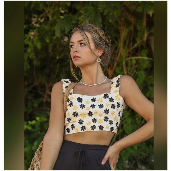 ZARA Floral Denim Crop Top Ruched Back Ruffle wide Straps Bloggers favorite XS - Picture 1 of 8